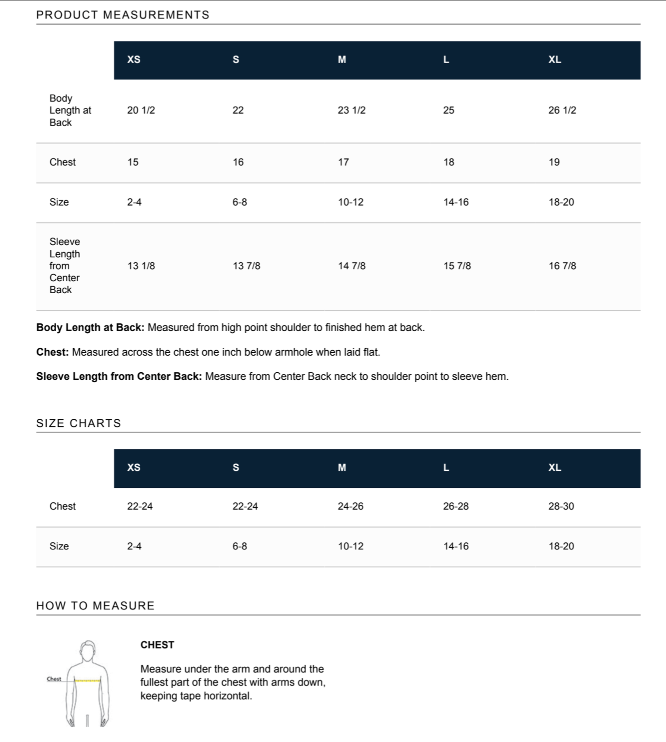 Chart displaying product measurements for different sizes of clothing, including body length at back, chest, size range, and sleeve length from center back, with instructions on how to measure these parameters.