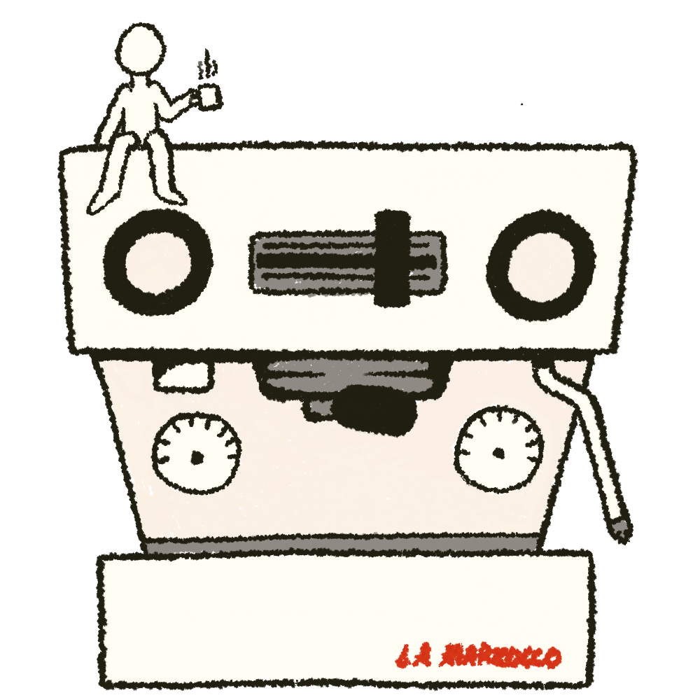 Illustration of a person sitting on top of a La Marzocco Linea Mini espresso machine.
