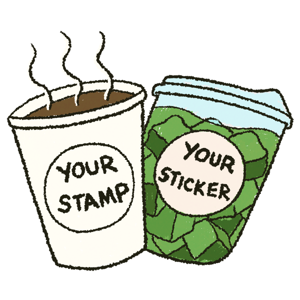 A cartoon image of a coffee cup and an iced matcha with custom designed labels.