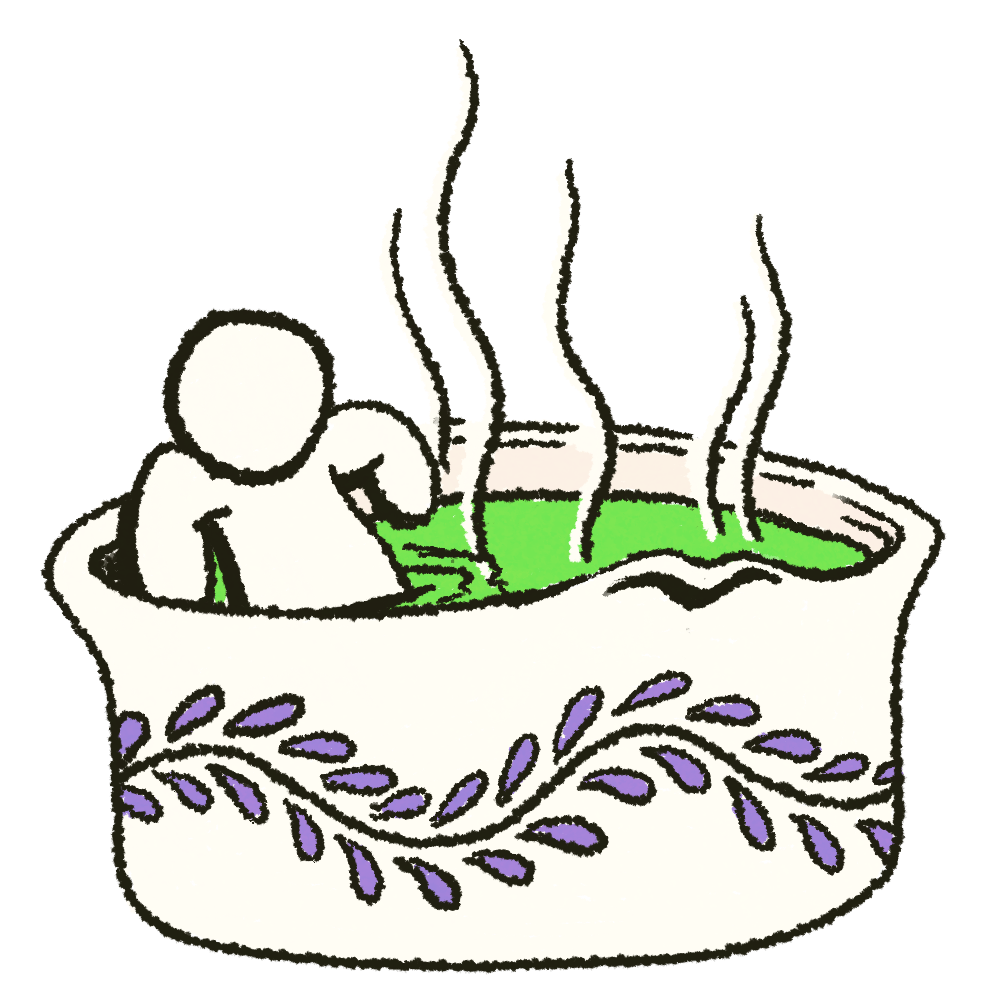 A person soaking in a matcha hot tub.