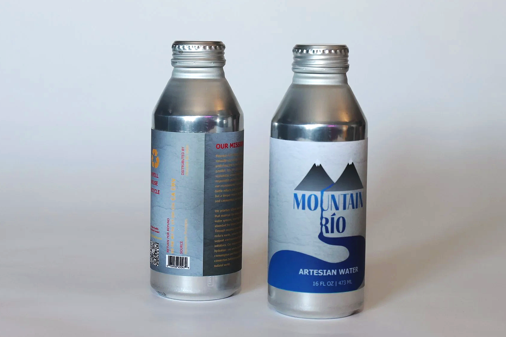 This is an image of a water bottle packaging for a fictional brand called Mountain Rio. There are two different design mockups showing both the front and back of the packaging.