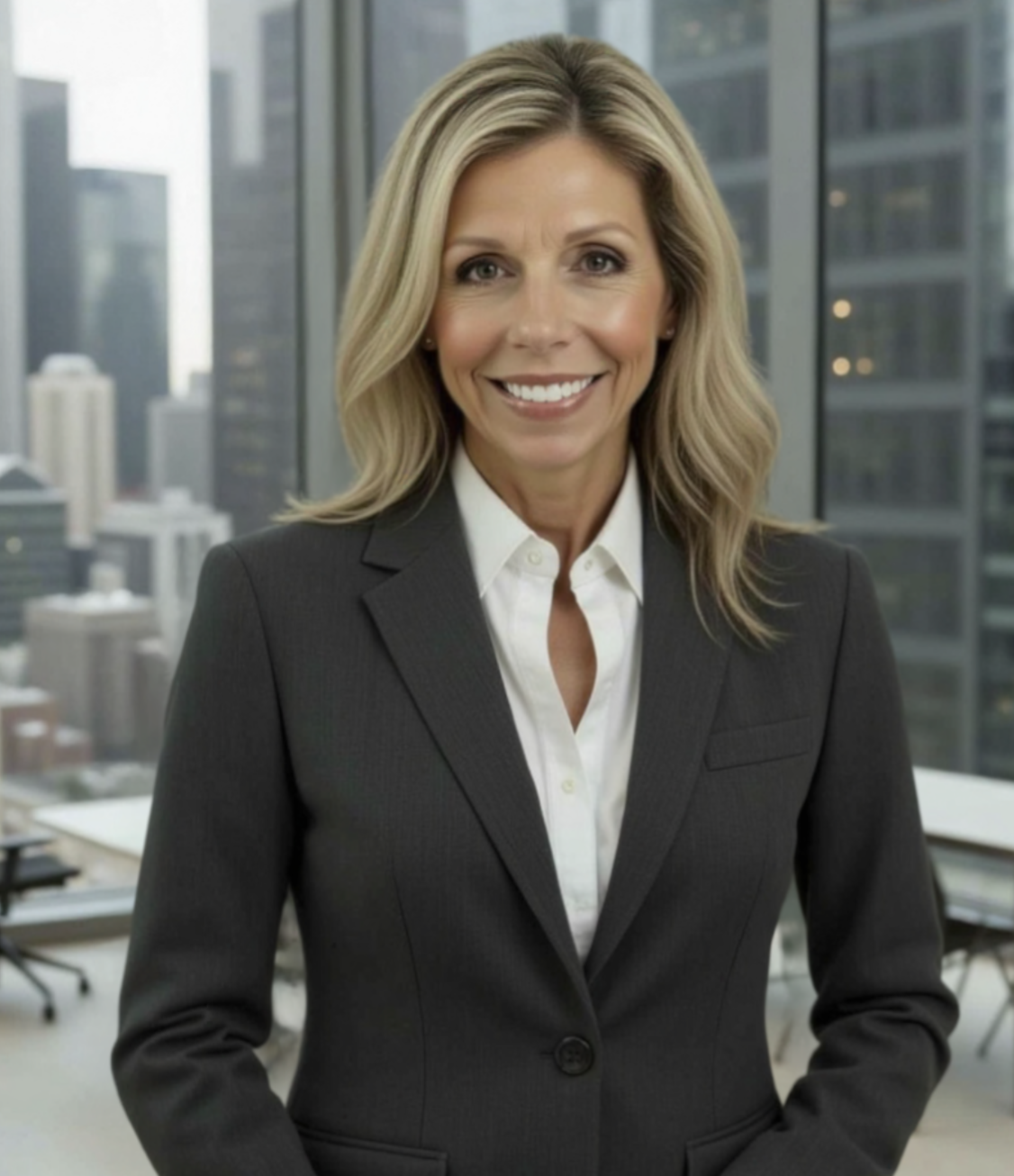 A professional woman in a dark business suit smiling in an office with large windows and a cityscape view.