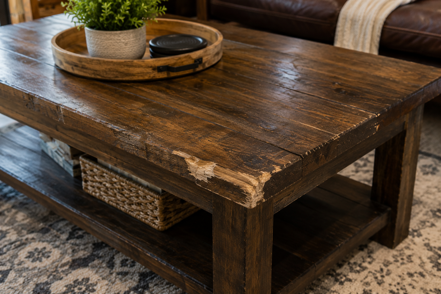 A rustic wooden coffee table with visible wear, scratches, and peeling finish, placed on a patterned rug in a cozy living room.