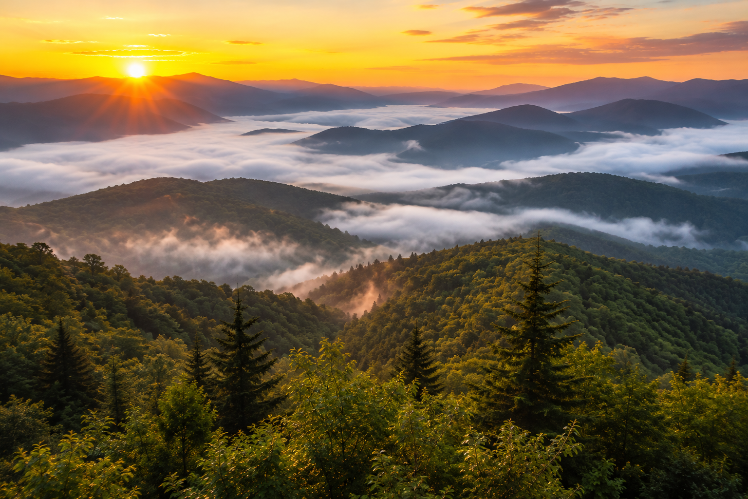 Sunrise over misty mountain landscape with green forests and rolling hills.