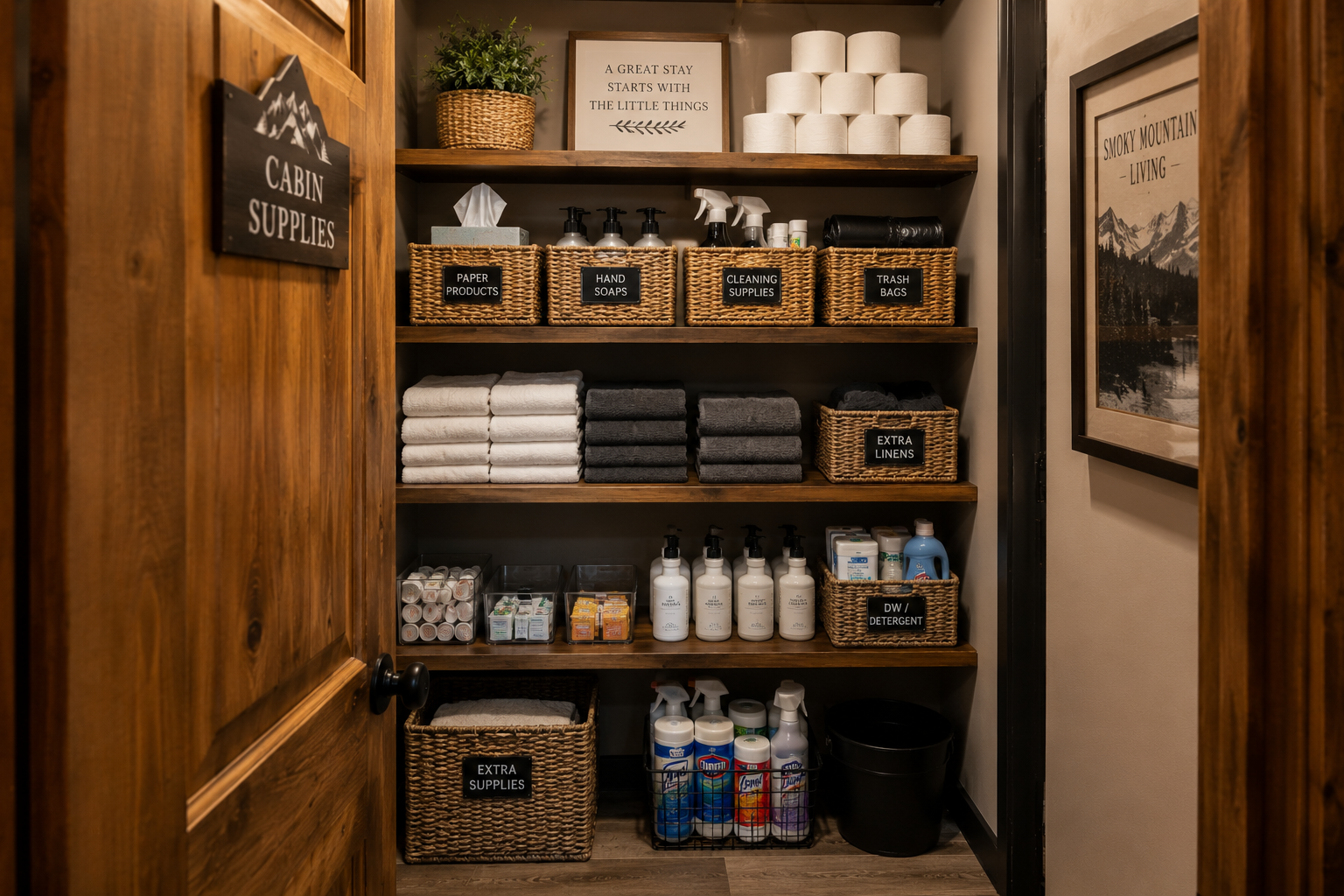 A closet with wooden shelves holding cabin supplies and toiletries, including towels, cleaning supplies, extra linens, trash bags, hand soaps, and detergent, with decorative signs on the walls.