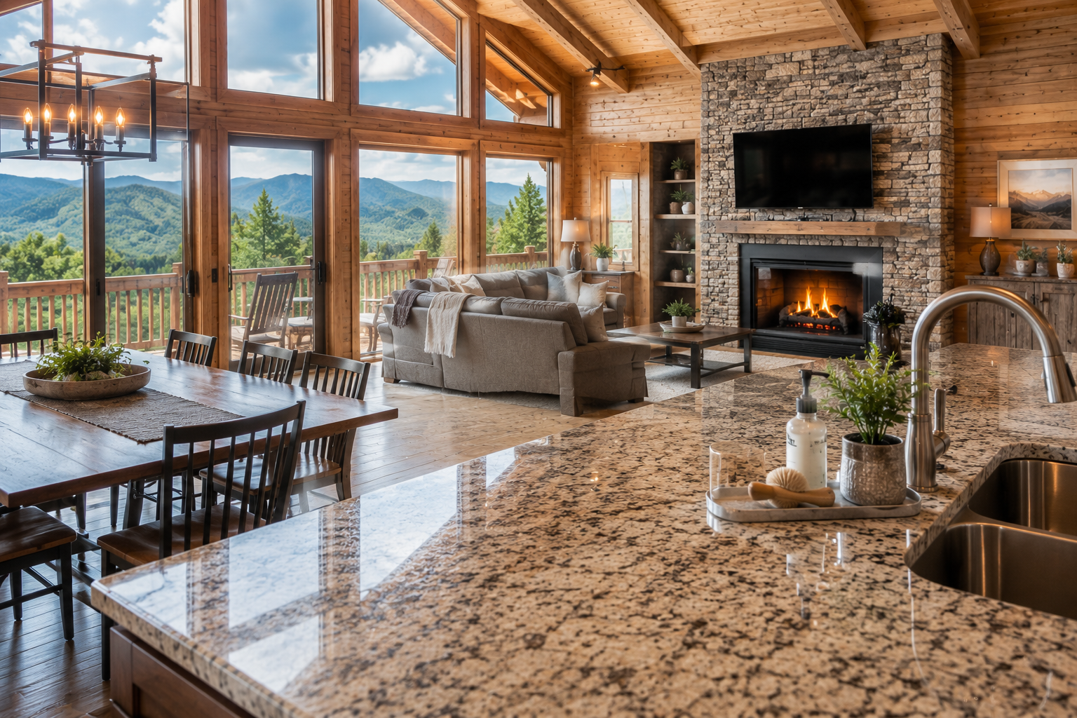 Living room with large windows, stone fireplace with a TV, beige sofa with pillows, wooden dining table with chairs, and a view of mountains outside.