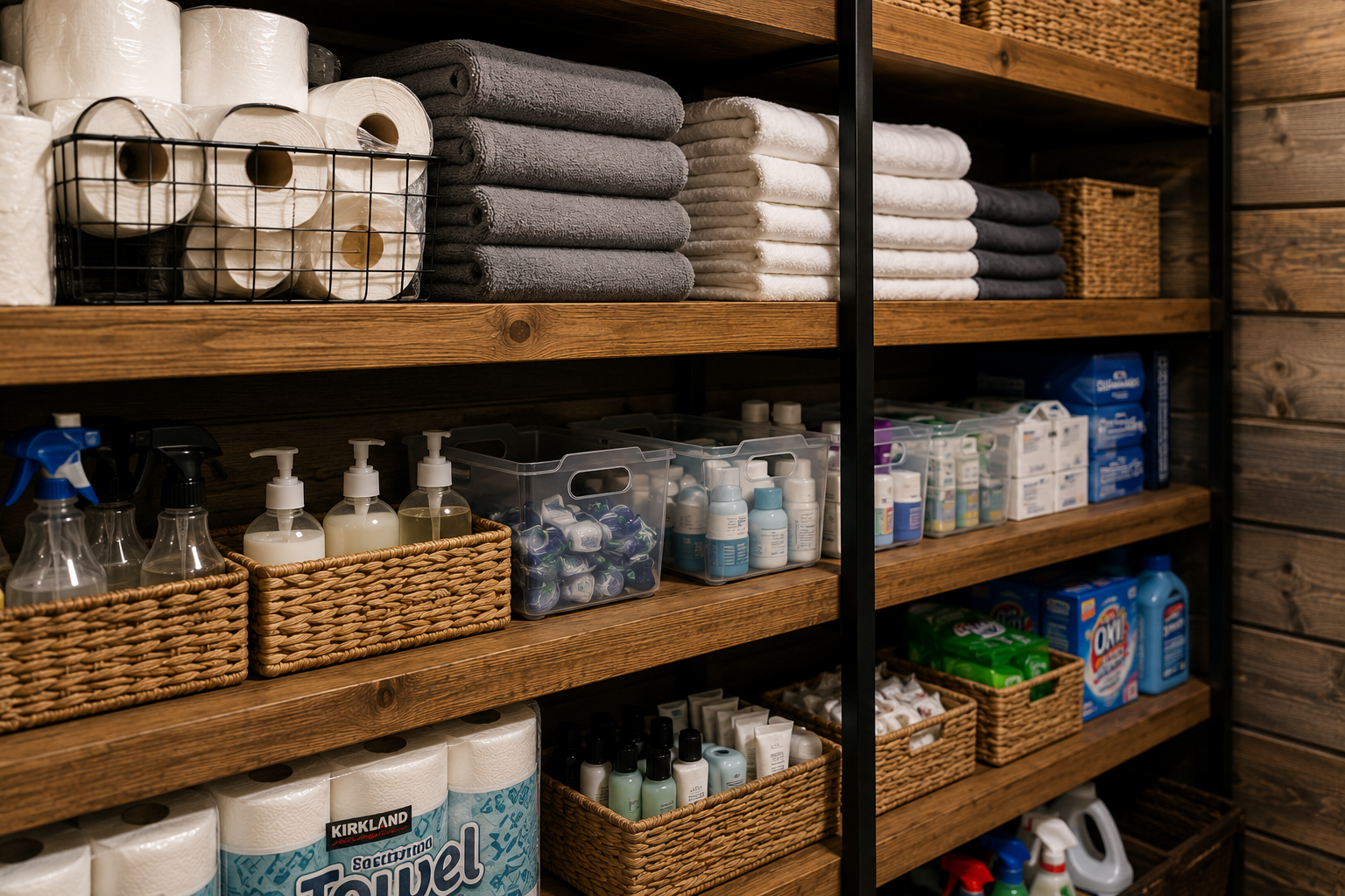 Shelves stocked with cleaning supplies, towels, toilet paper, and baskets in a storage room.