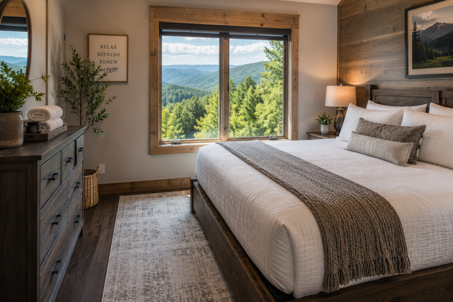 A cozy bedroom with a large bed, white bedding, and several cushions. There is a wooden dresser with towels and plants on top, and a window showing a scenic view of green mountains and trees outside. The room has wooden accents and a framed picture on the wall reading 'Relax Refresh Renew'.
