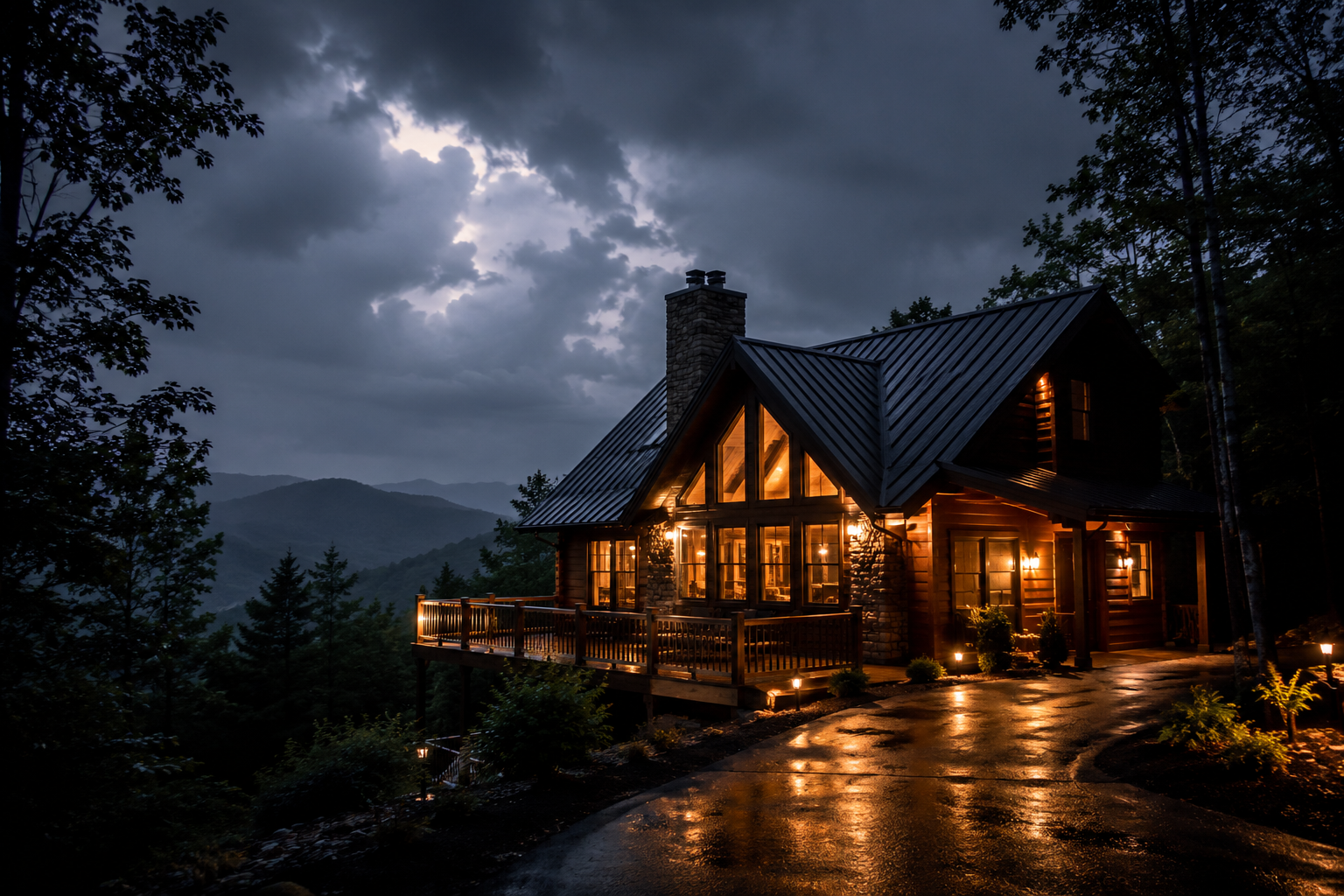 A cozy house illuminated from within on a rainy evening, surrounded by trees, with a mountain range in the background and a dark, cloudy sky overhead.