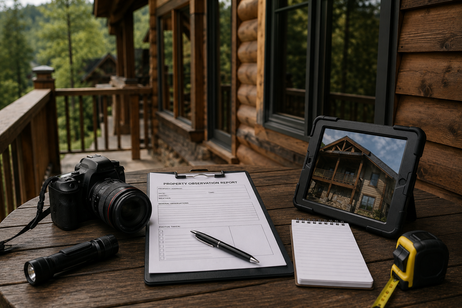 On a wooden outdoor table, there is a digital camera, a flashlight, a property observation report form with a pen, a small notepad, a tablet showing a house, and a tape measure. The background features a wooden cabin and green trees.