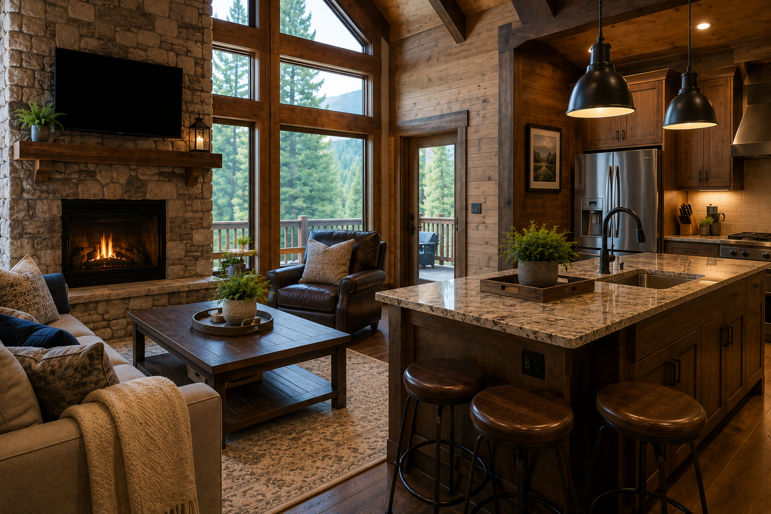 A cozy living room and kitchen with a rustic wood interior, a stone fireplace with a fire, large windows showing a view of trees, a dark leather armchair, a beige sofa with pillows, a coffee table with plants, a granite kitchen island with a sink and potted plant, pendant lights, stainless steel refrigerator, and outdoor patio with chairs.