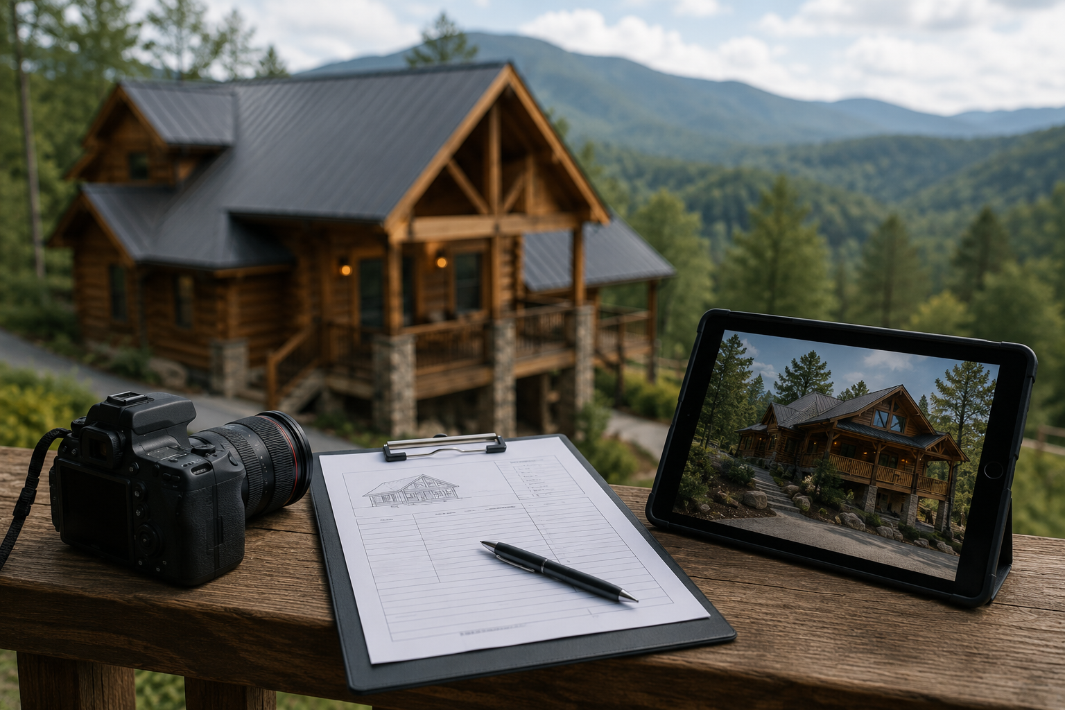 A camera, a clipboard with a drawing of a house, a pen, and a tablet showing a photo of a wooden house in a forested mountainous area on a wooden table outdoors.