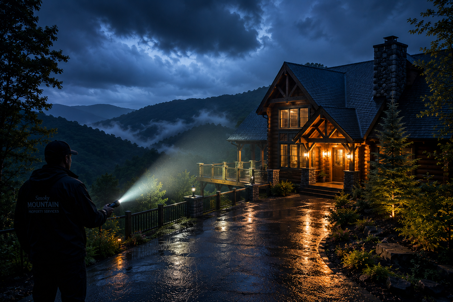 A person in dark clothing standing outside a cabin on a rainy night, using a flashlight to illuminate the wet driveway, with mountains and cloudy sky in the background.