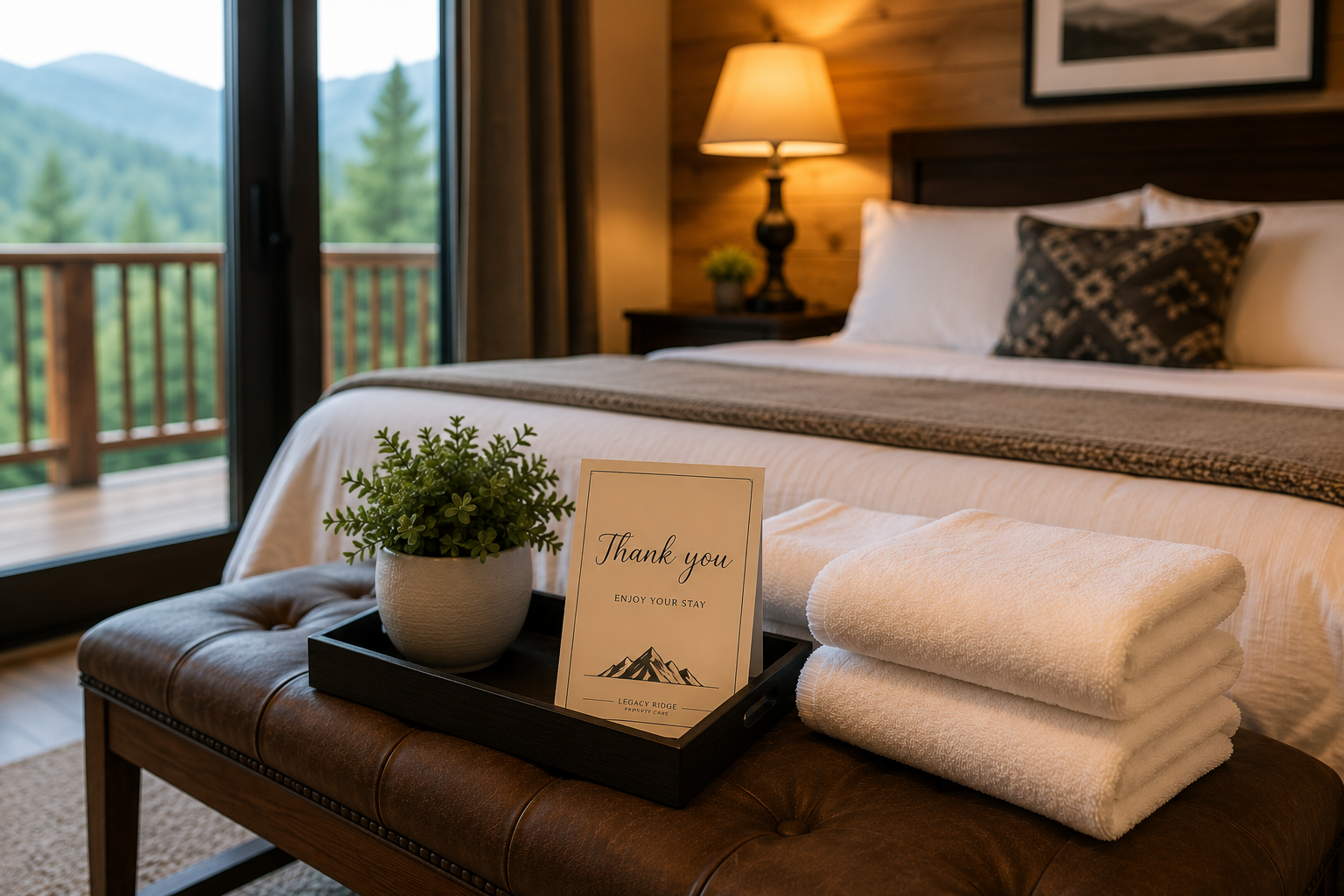 Hotel room with a bed, nightstand, lamp, and view of mountains outside sliding glass door. The bed has a decorative pillow, and on a bench at the foot of the bed are neatly folded towels, a potted plant, and a thank you note.