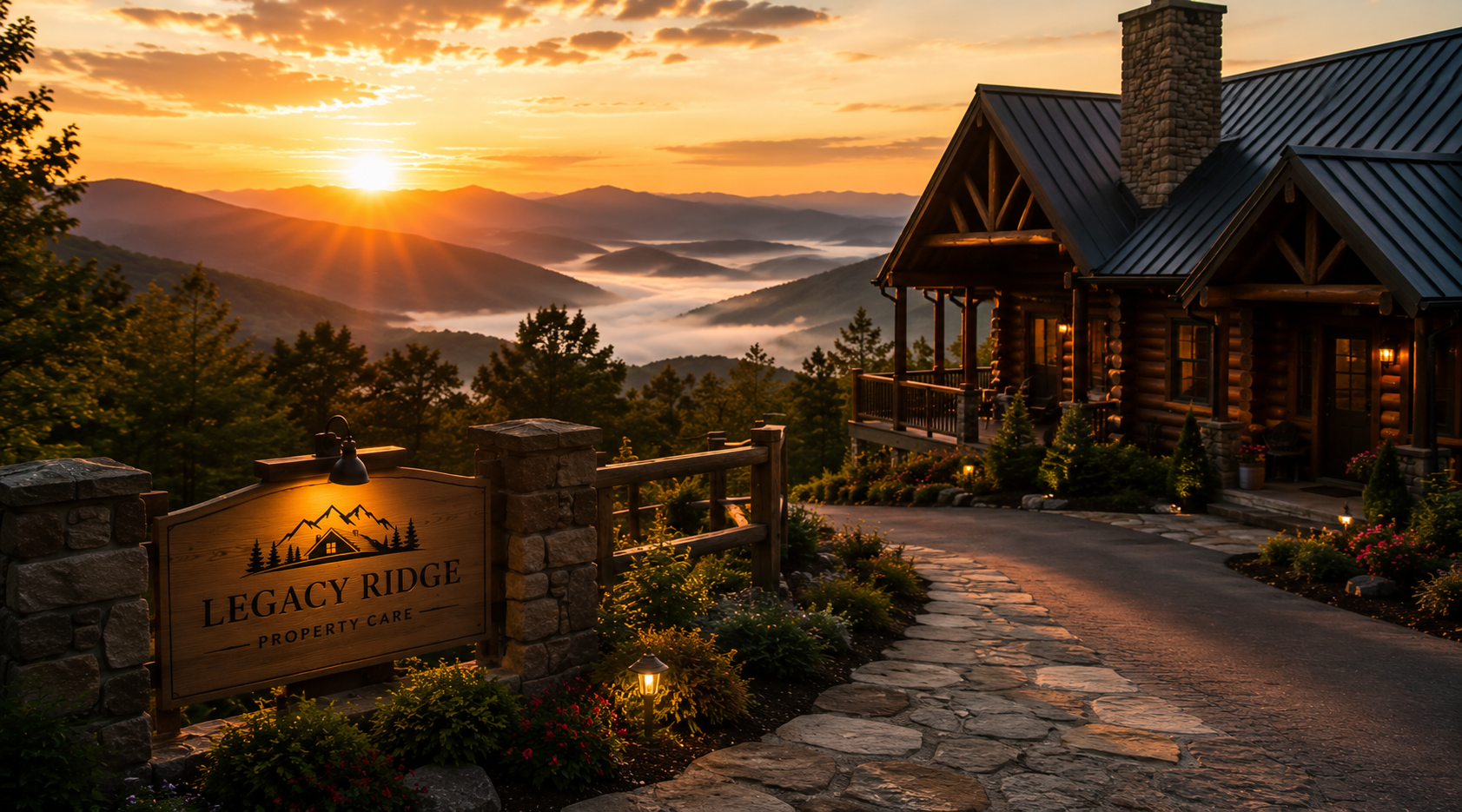A scenic mountain view at sunrise with a log cabin and a property sign that reads 'Legacy Ridge Property Care'. The area is landscaped with flowers and trees, and the background features fog over rolling mountains.