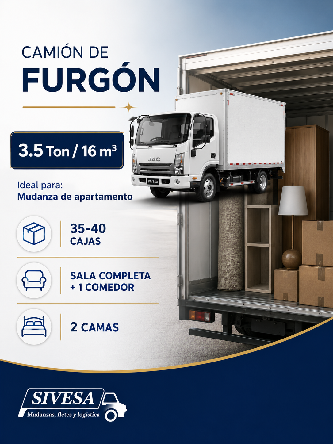 Camión de mudanzas de tamaño mediano con espacio de 16 metros cúbicos, ideal para mover apartamentos pequeños, con capacidad para entre 35 y 40 cajas, una sala completa más un comedor, y dos camas, anunciado por la compañía SIVESA.
