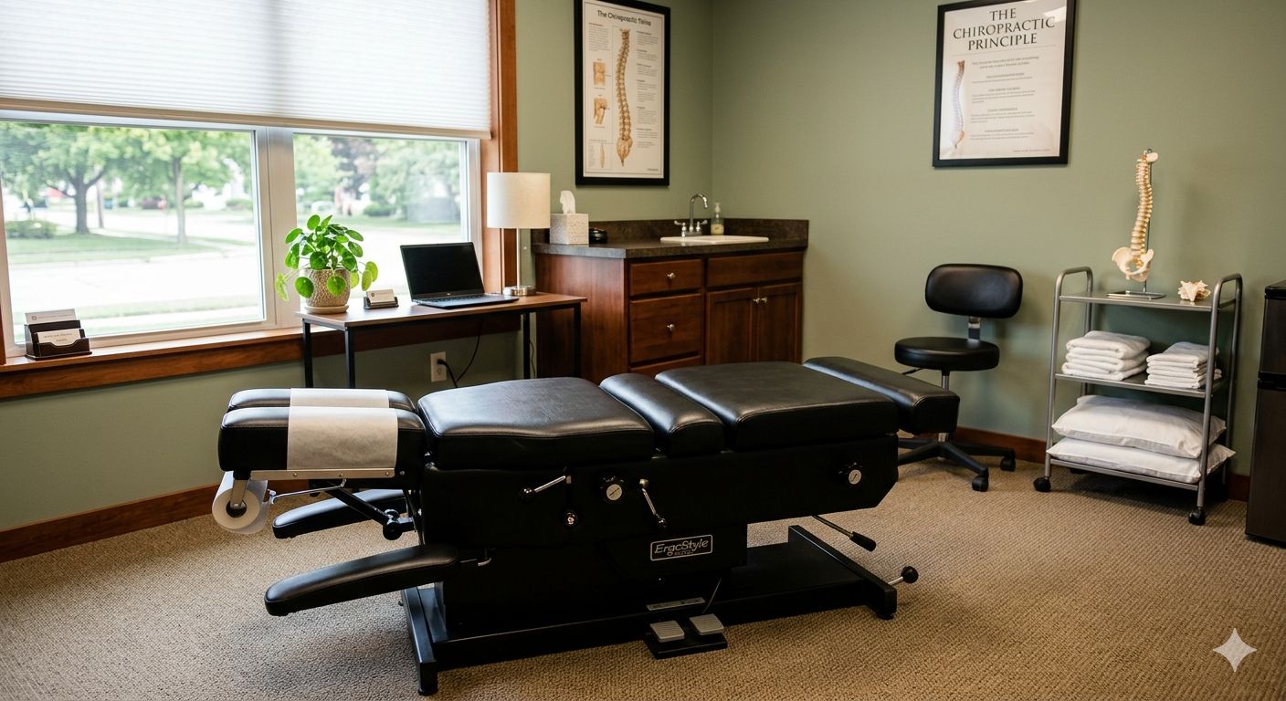 A chiropractic table in a chiropractic office near Denver, CO