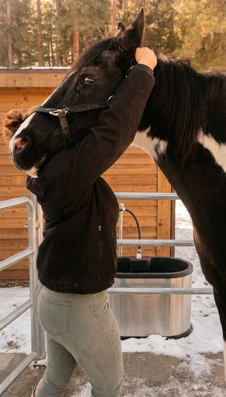 Female chiropractor reaches around a black and white horses neck to adjust their spine near Denver, CO