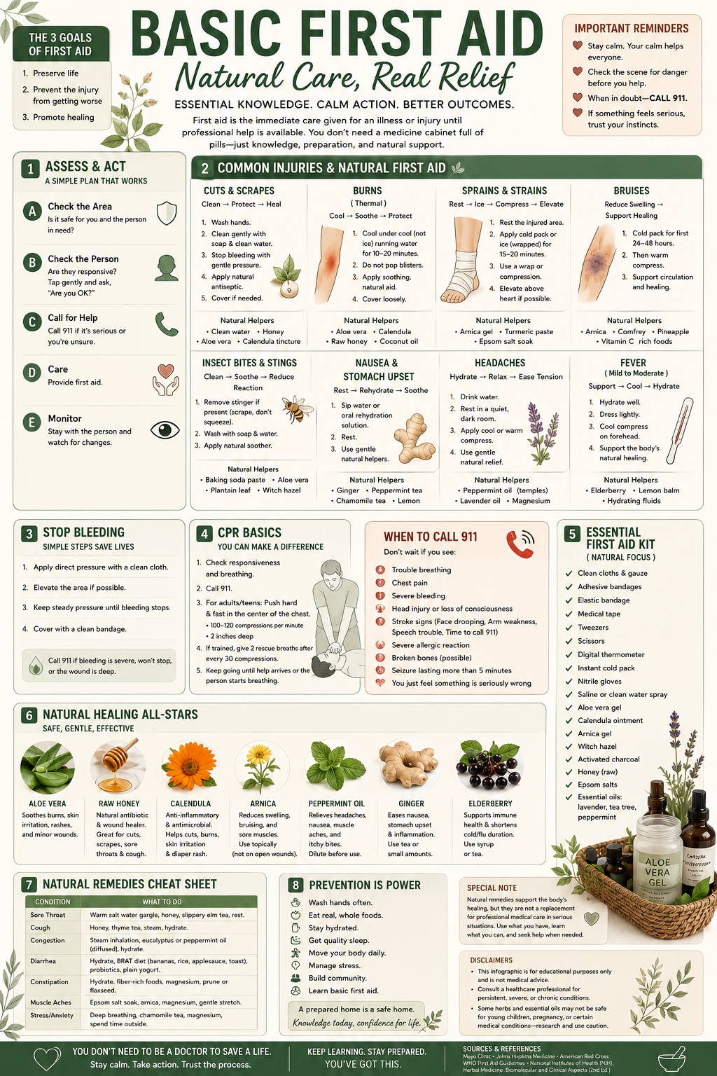 Educational infographic featuring natural first aid remedies for common minor injuries and illnesses, along with basic safety tips and guidance on when to seek medical care.