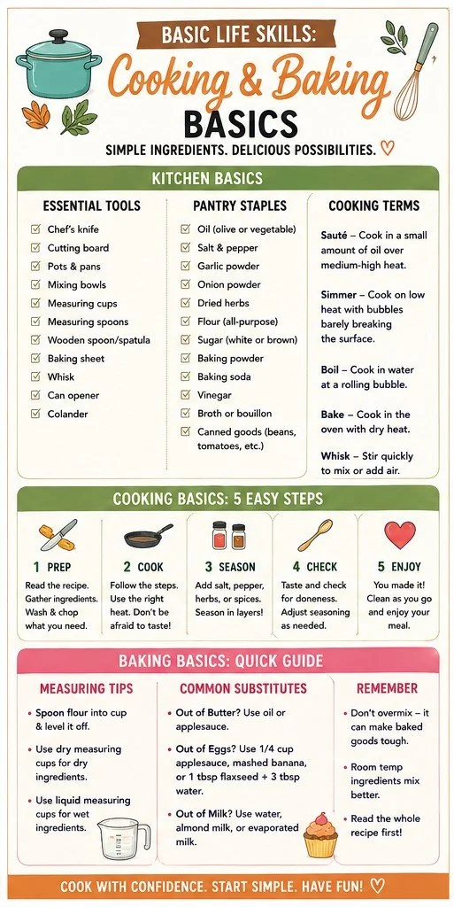 Educational infographic covering basic cooking and baking skills, kitchen tools, safety tips, and beginner-friendly techniques.