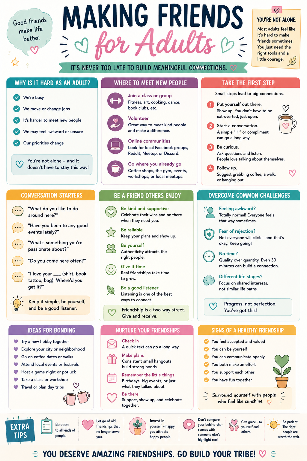 Infographic with practical tips for making friends as an adult and building meaningful relationships.