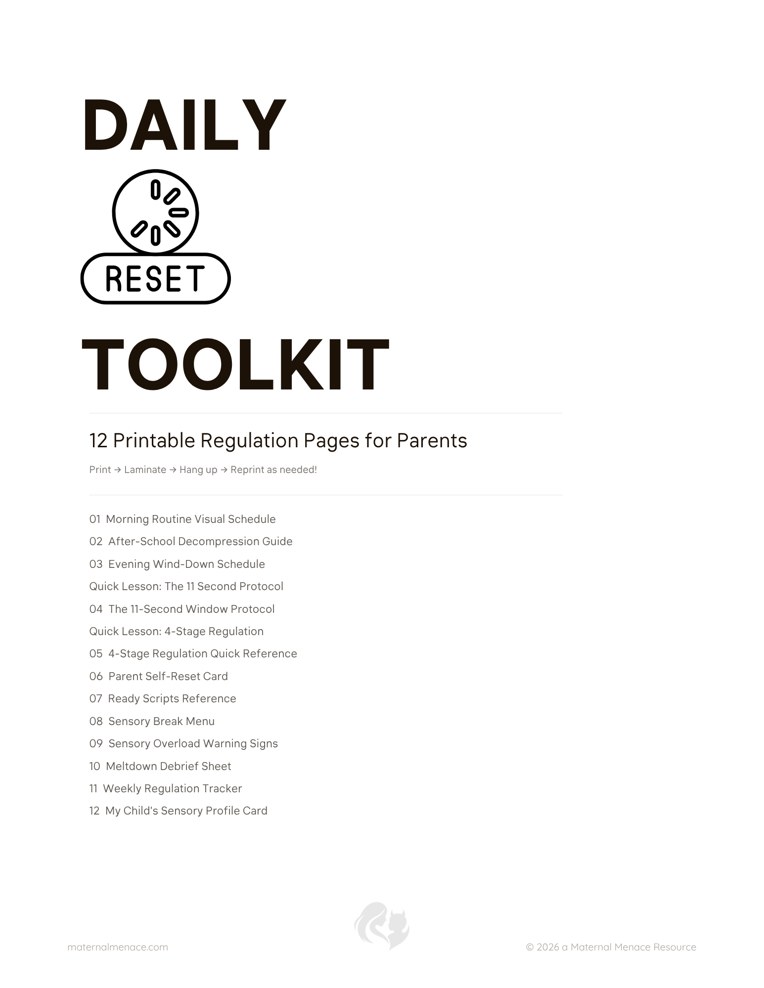 Download this free Daily Reset Toolkit featuring 12 printable regulation pages for parents, including visual schedules, sensory supports, transition guides, trackers, and emotional regulation resources.