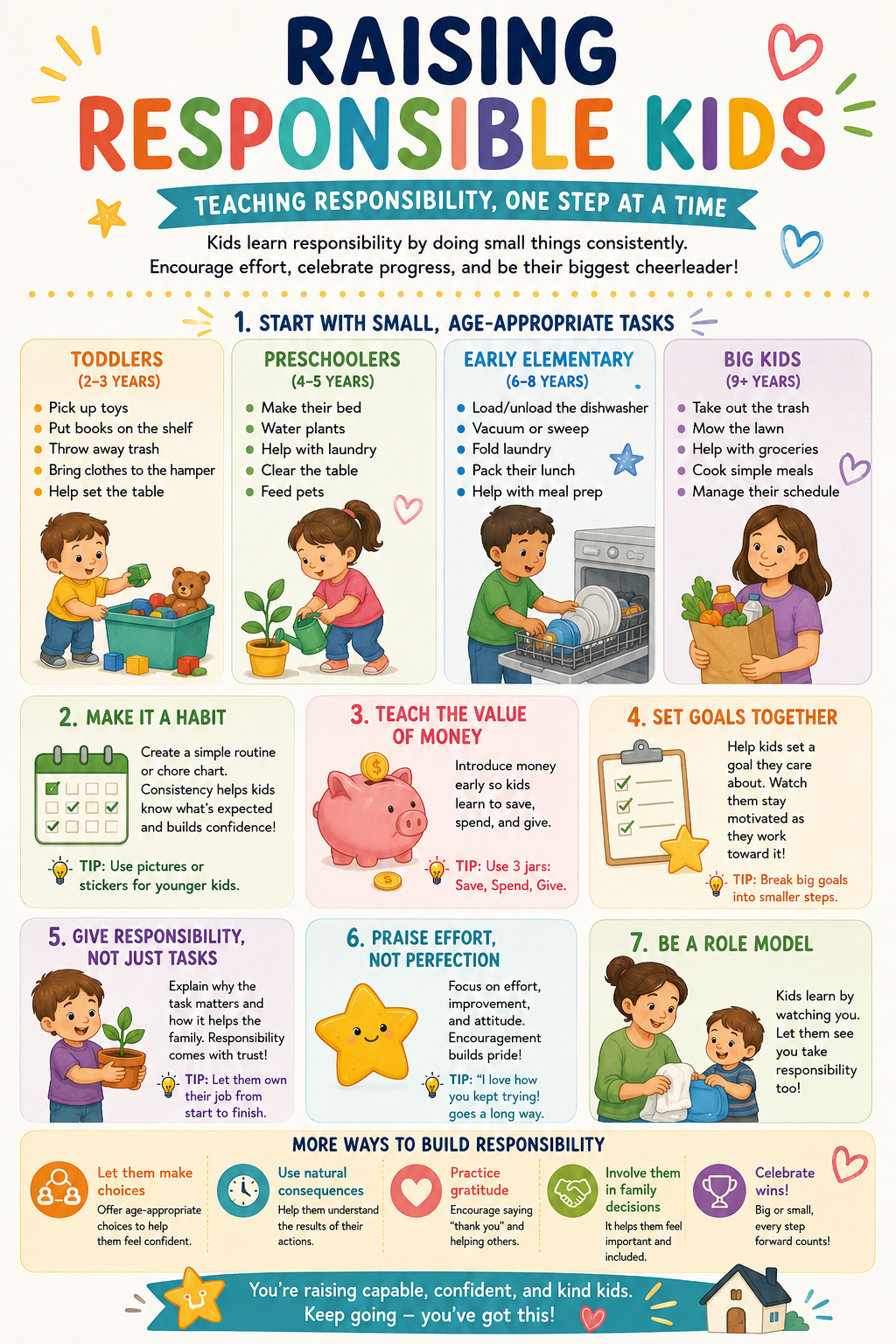Infographic highlighting 12 practical ways to raise responsible kids, including chores, saving money, cleaning up, problem-solving, time management, and helping others.