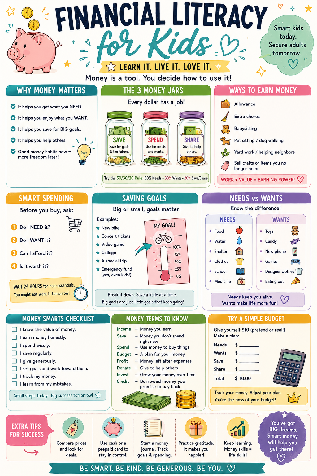 Educational infographic teaching children basic financial literacy skills, including saving, budgeting, spending wisely, earning money, and distinguishing needs from wants.