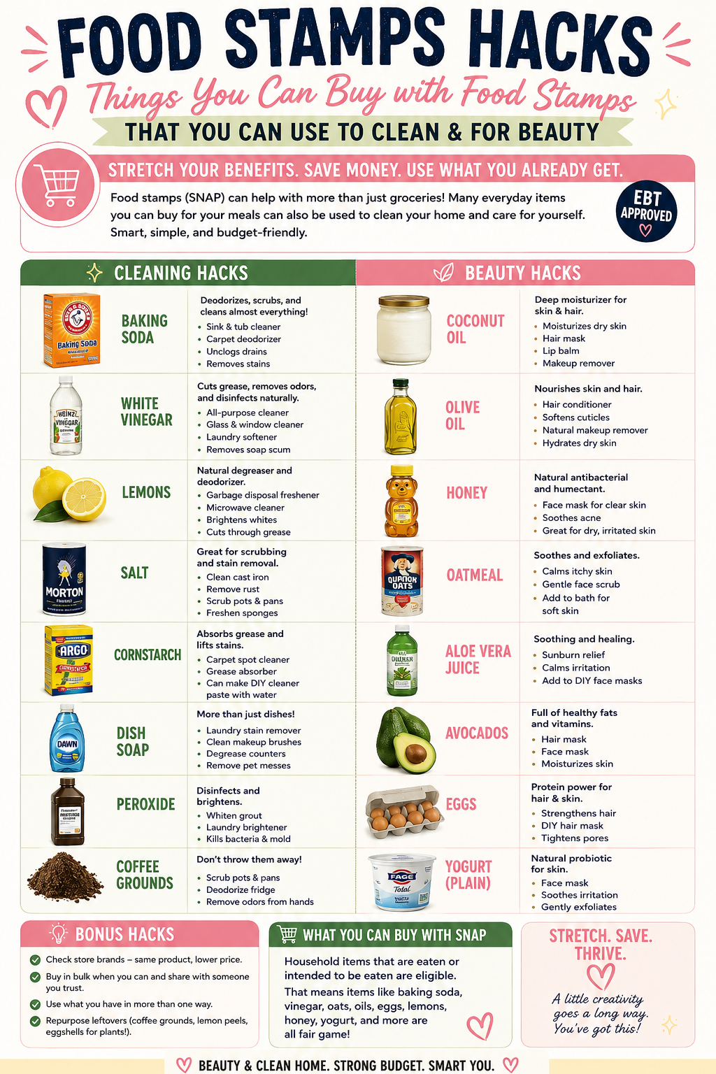 Infographic featuring budget-friendly SNAP grocery items that can also be used for natural cleaning, beauty, and household purposes, including baking soda, vinegar, oats, lemons, honey, and coconut oil.