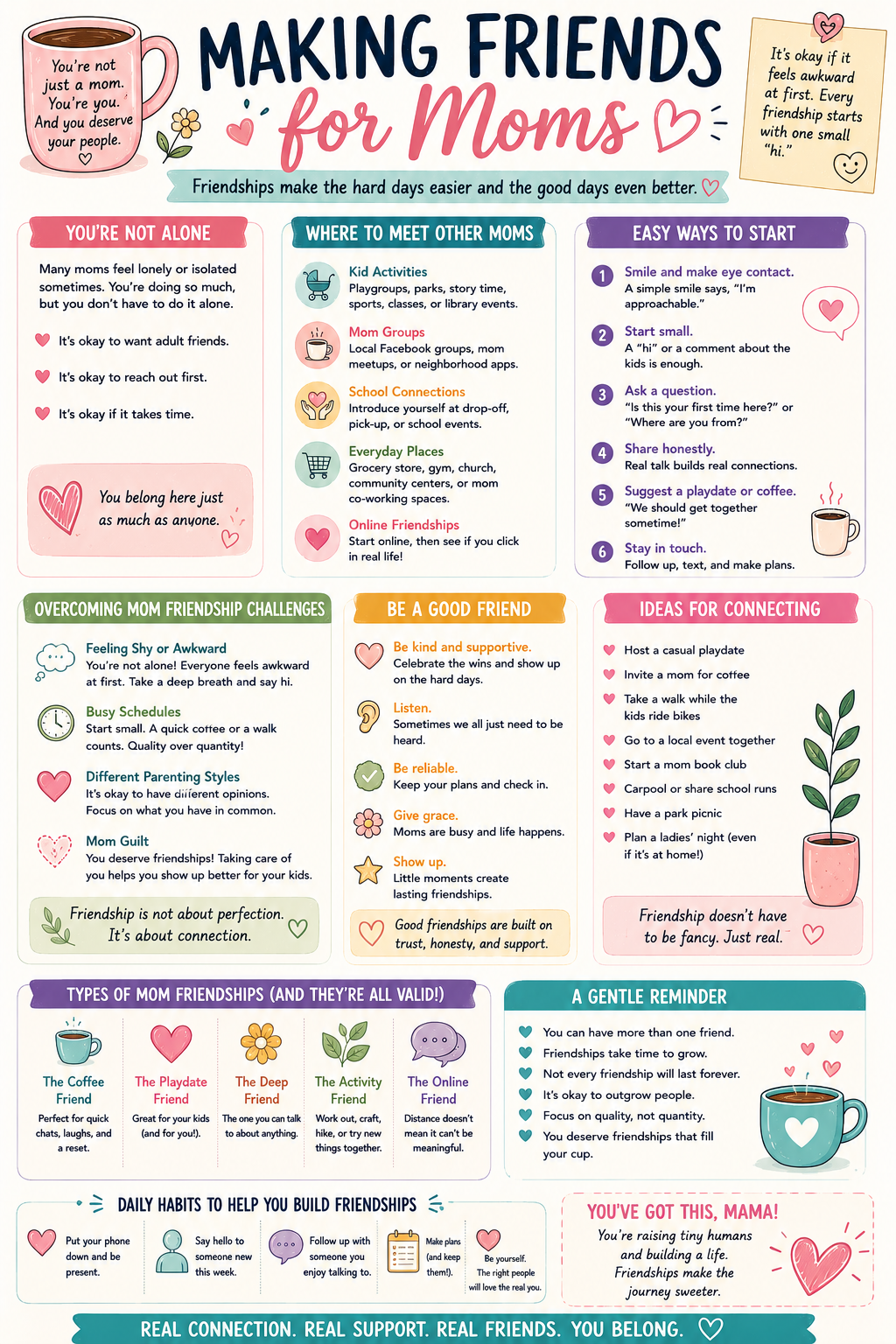 Infographic with practical tips for making friends as a mom, building a support network, and finding your village as a parent.