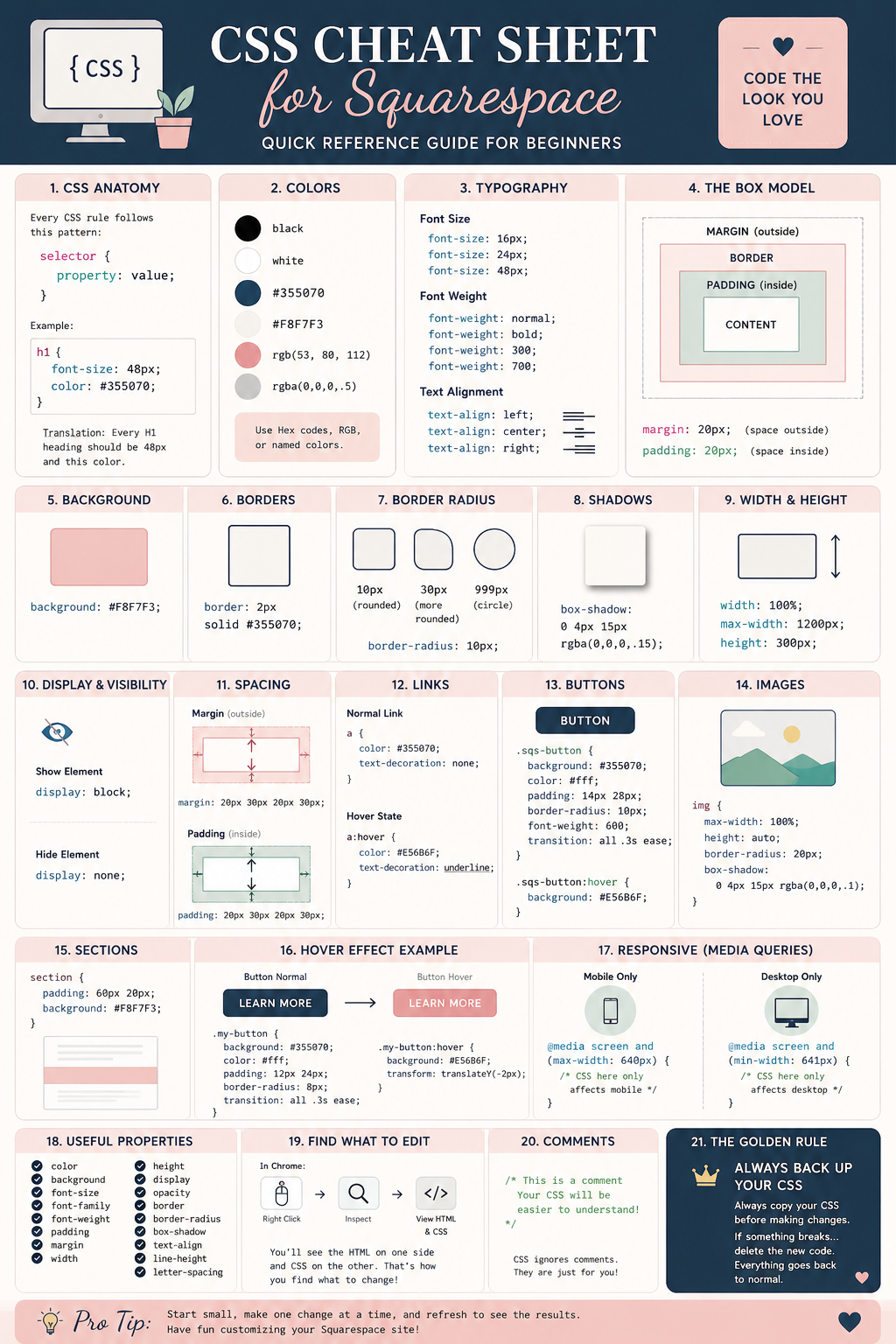 Resource featuring custom Squarespace CSS snippets and website design fixes for improving layouts, buttons, fonts, spacing, and other common website customizations.