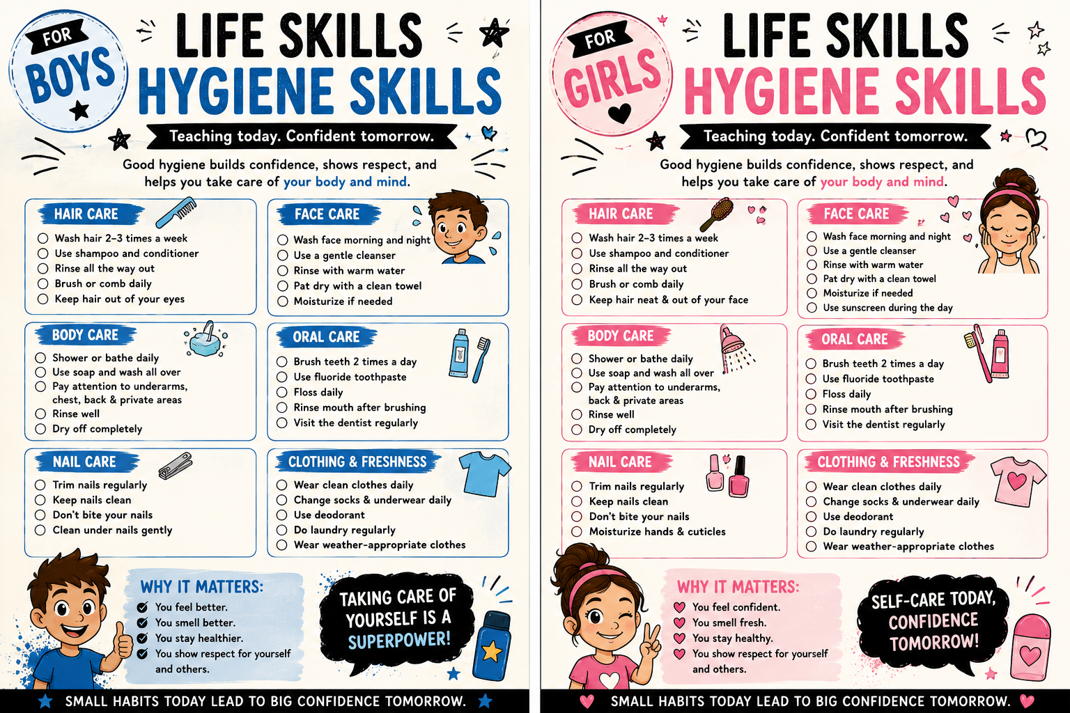 Printable life skills infographic teaching hygiene skills for boys and girls, including hair care, face washing, body care, oral hygiene, nail care, clean clothing, and healthy daily routines.