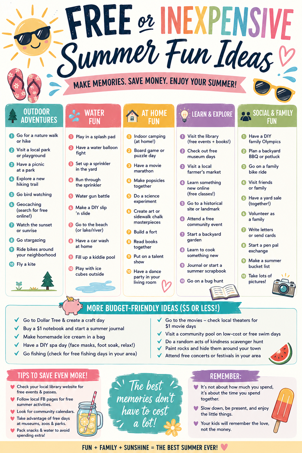 Colorful infographic featuring inexpensive summer activity ideas for families, including outdoor adventures, creative projects, and budget-friendly ways to keep kids entertained.