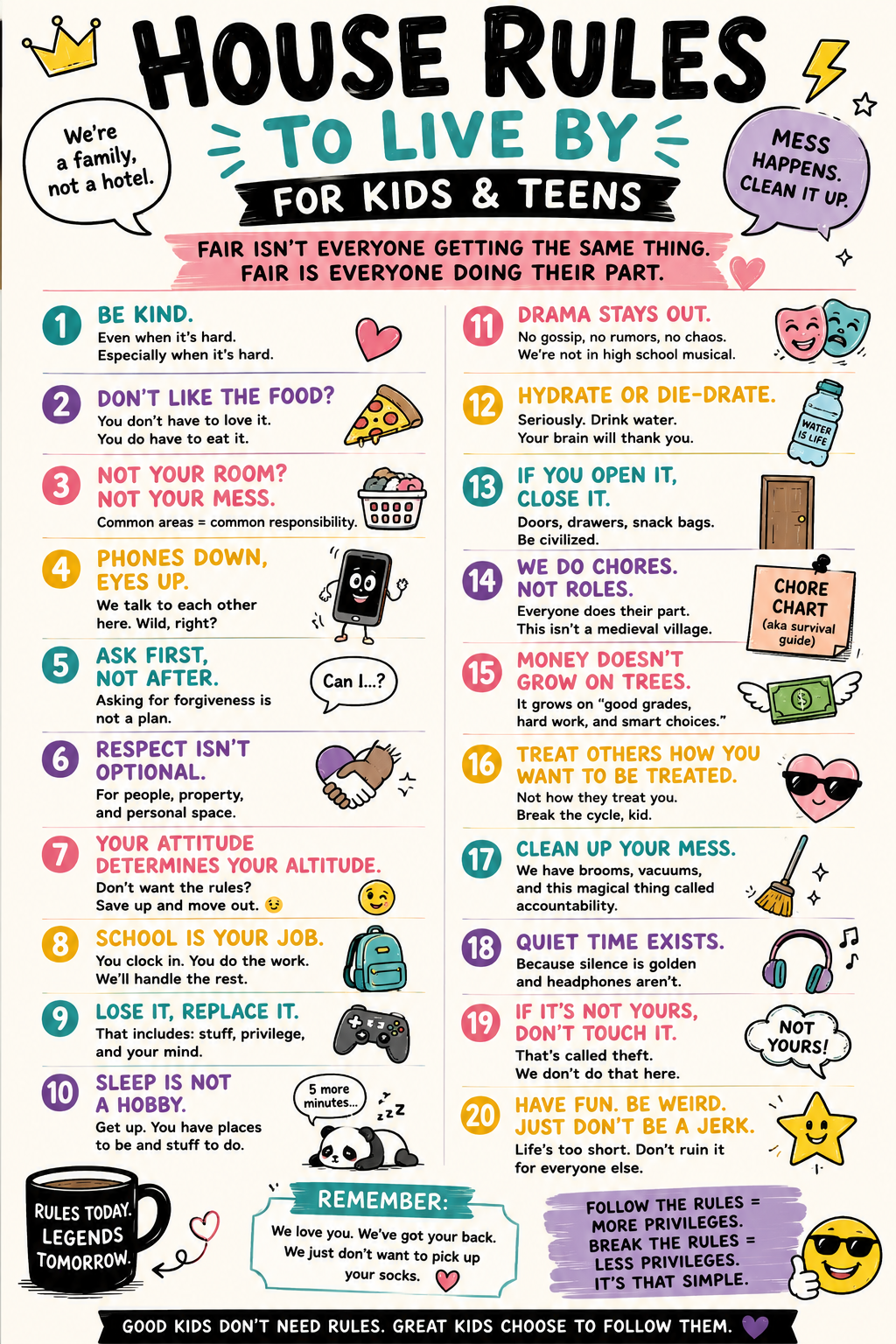 Colorful House Rules for Kids & Teens infographic featuring 20 family rules that encourage kindness, responsibility, respect, teamwork, and accountability.