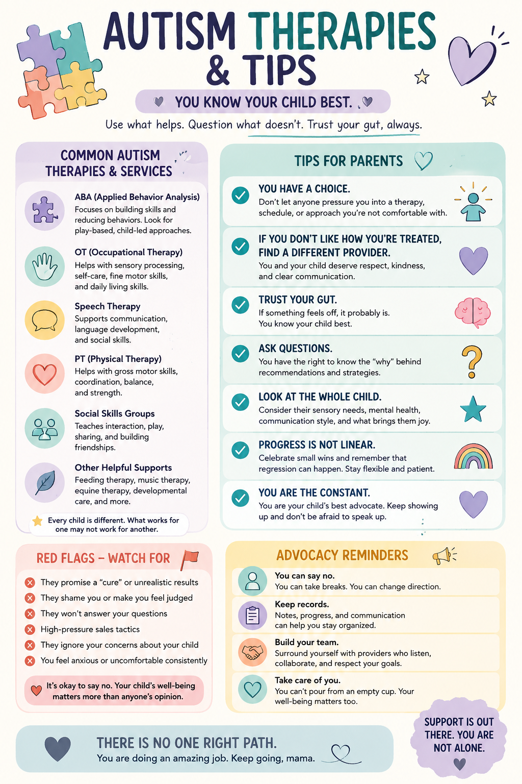 Autism therapies and tips infographic covering common therapies, practical support strategies, and tips for families of autistic children.
