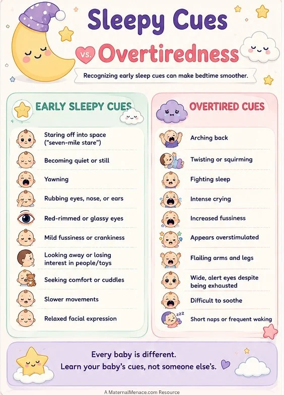 Infant sleep infographic comparing early sleepy cues with signs of overtiredness.