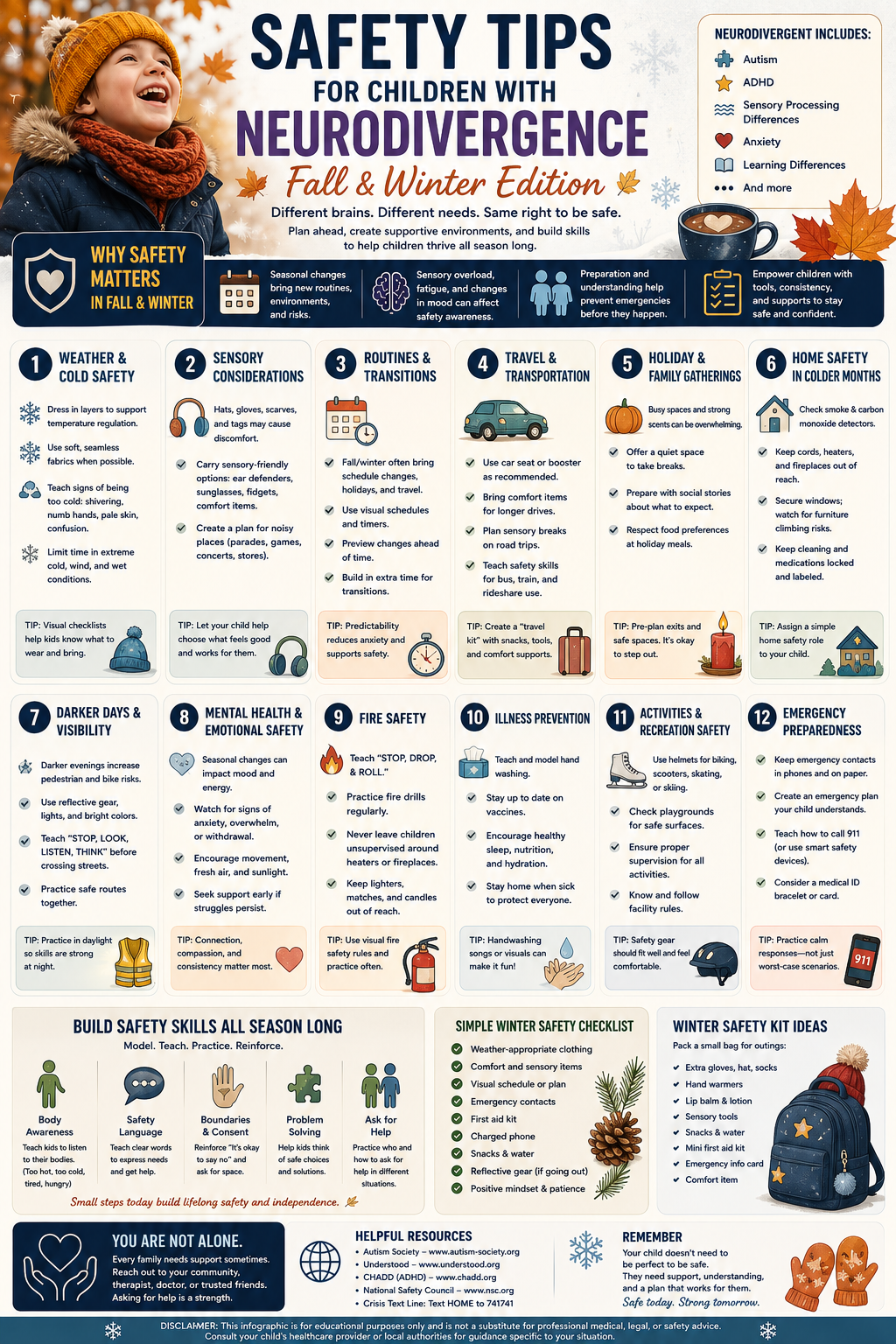 Educational infographic featuring fall and winter safety tips for neurodivergent children, including cold weather clothing, illness prevention, sensory-friendly holiday planning, and seasonal safety reminders.