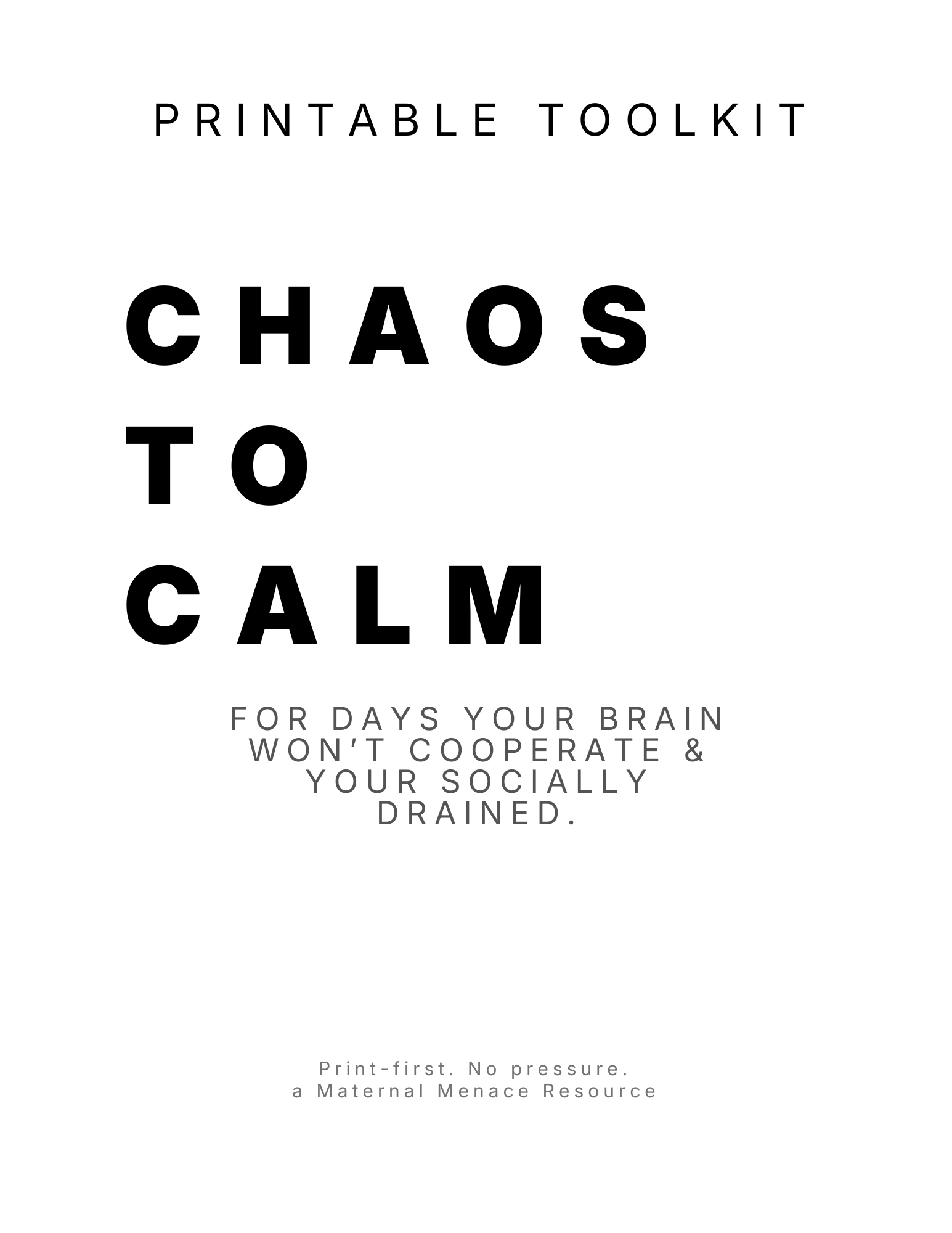 Cover of the Chaos to Calm Toolkit, a free 17-page printable regulation toolkit featuring executive dysfunction worksheets, social battery trackers, grounding exercises, boundary passes, emergency scripts, and burnout support for parents.
