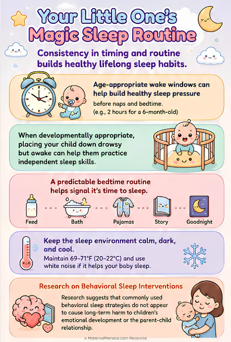 Infographic showing how to create a personalized bedtime routine for young children using calming activities, consistency, and age-appropriate sleep habits.