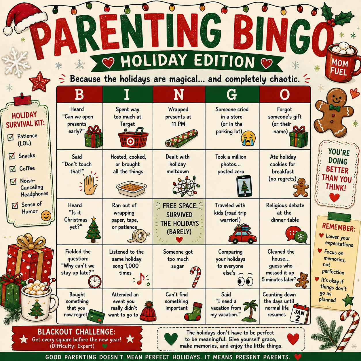 Festive Parent Bingo Holiday Edition printable featuring a Christmas-themed bingo card with funny parenting moments including gift wrapping, holiday shopping, family gatherings, Christmas music, cookies, and holiday travel.