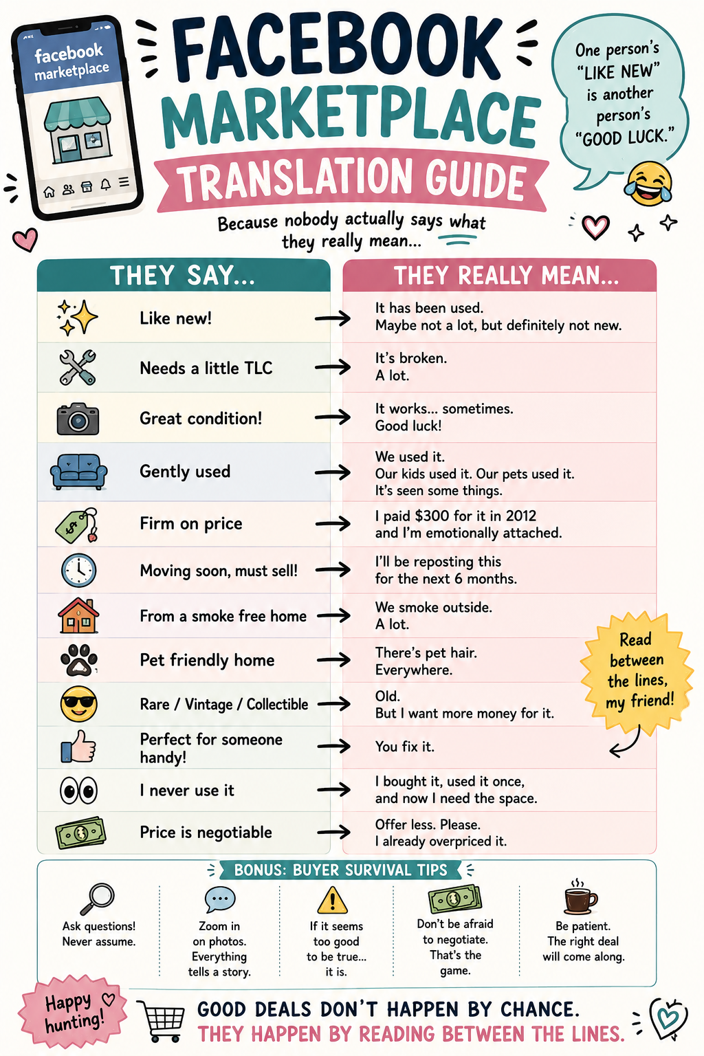 Humorous infographic translating common Facebook Marketplace phrases into funny interpretations for buyers and sellers.