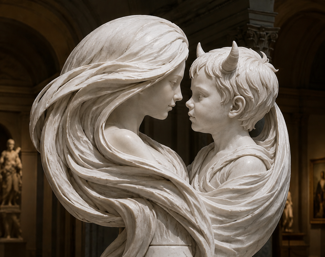 Maternal Menace Logo Statue, mother holding toddler son with devil horns looking into each others eyes