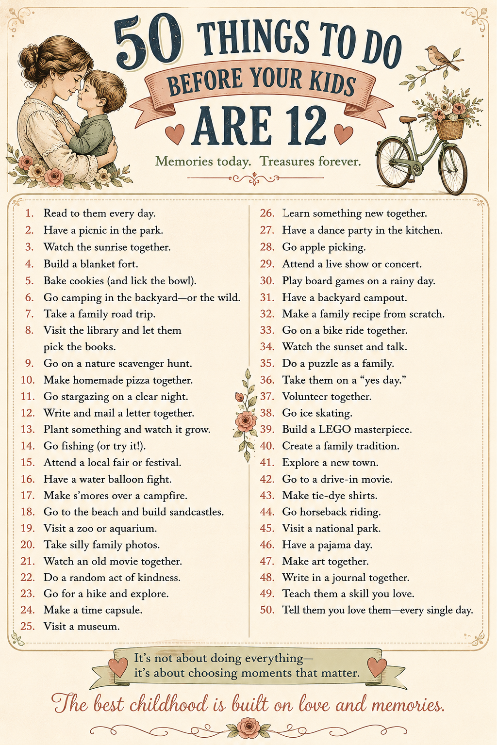 Printable family bucket list featuring 50 meaningful activities to do with your children before they turn 12, encouraging family connection and lasting memories.
