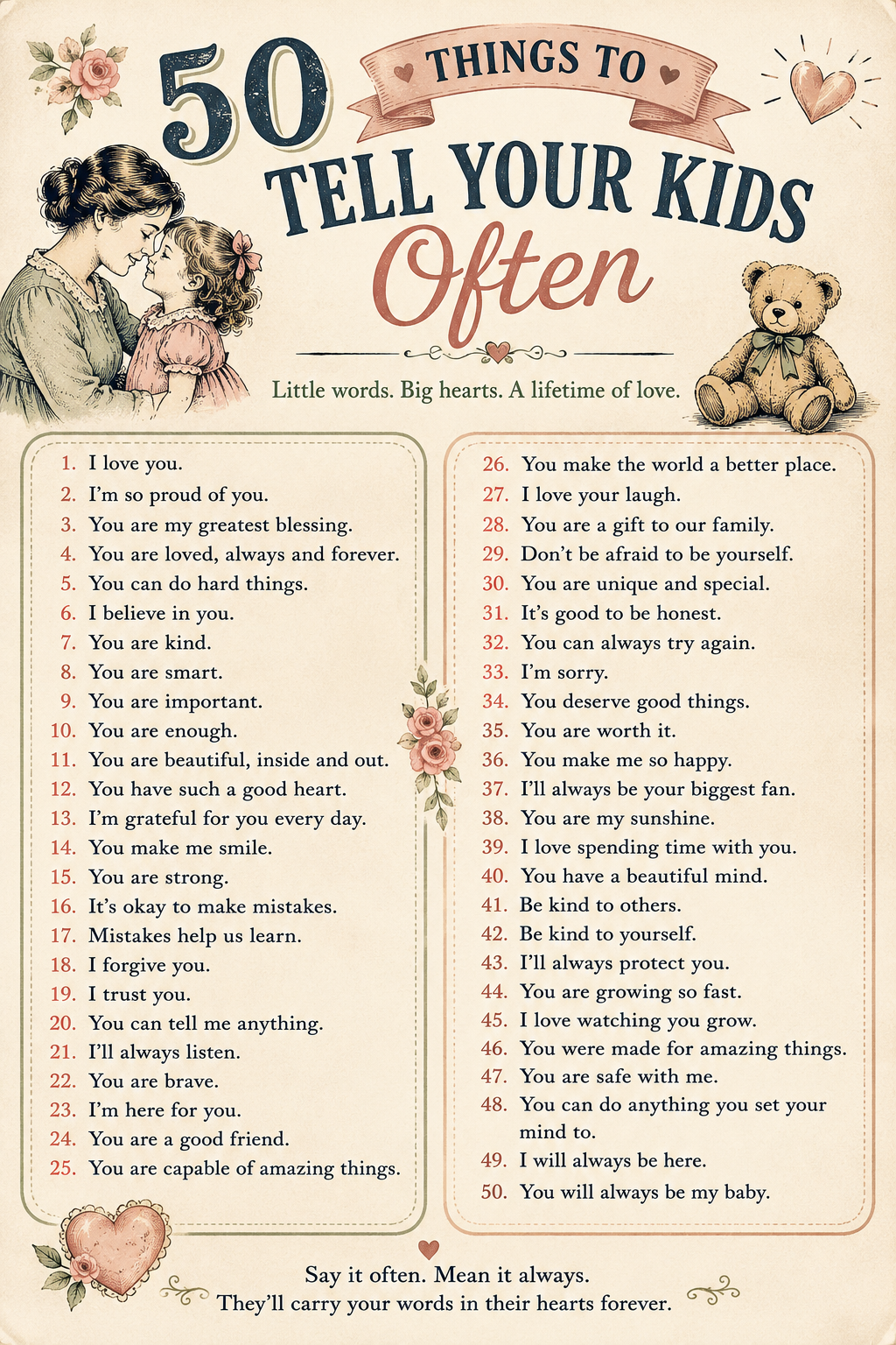 Printable infographic featuring 50 encouraging phrases parents can tell their children to build confidence, connection, resilience, and emotional security.