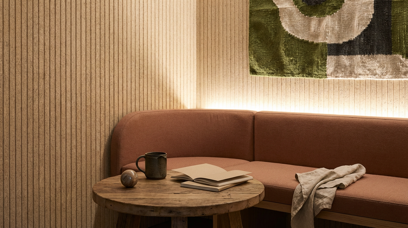 Cozy living room corner with a rounded pink sofa, a rustic wooden coffee table with a black mug, an open notebook, and a stone sphere. A beige cloth is draped over the sofa, and a textured beige wall features an abstract green and beige wall hanging. Soft lighting behind the sofa creates a warm ambiance.