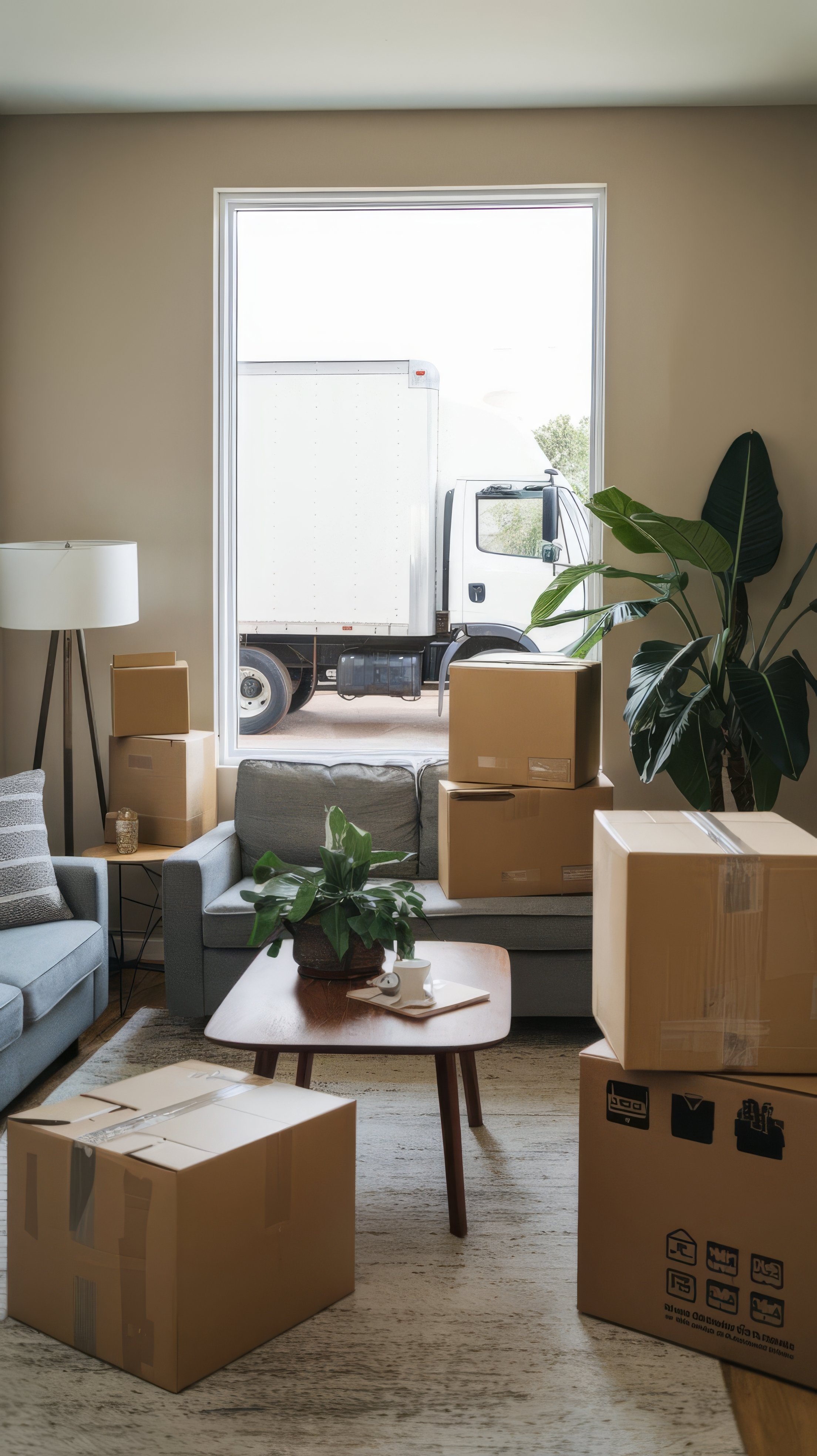 Living room filled with moving boxes, a sofa with pillows, a wooden coffee table with plants, a side table with a lamp, large window showing a truck outside, and various indoor plants.