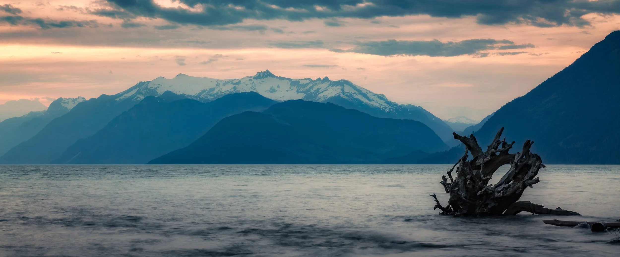 Dramatic landscape with snow-capped mountains in the background, a calm body of water in the foreground, and a large, gnarled piece of driftwood floating near the shoreline.