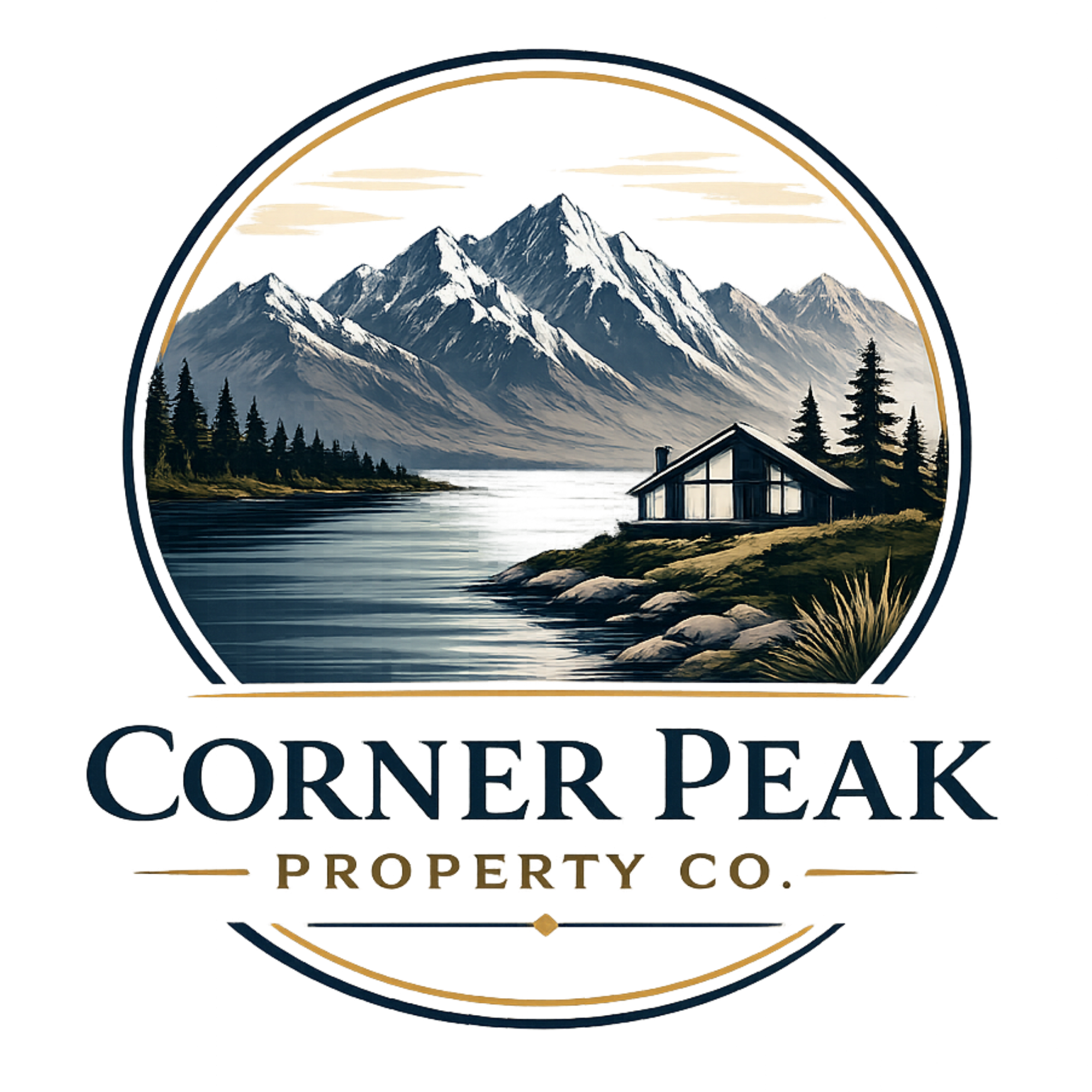 Profile badge of Corner Peak Property Co. featuring a mountain landscape with snow-capped peaks, a lake, pine trees, and a house, enclosed in a circular frame with the company name at the bottom.