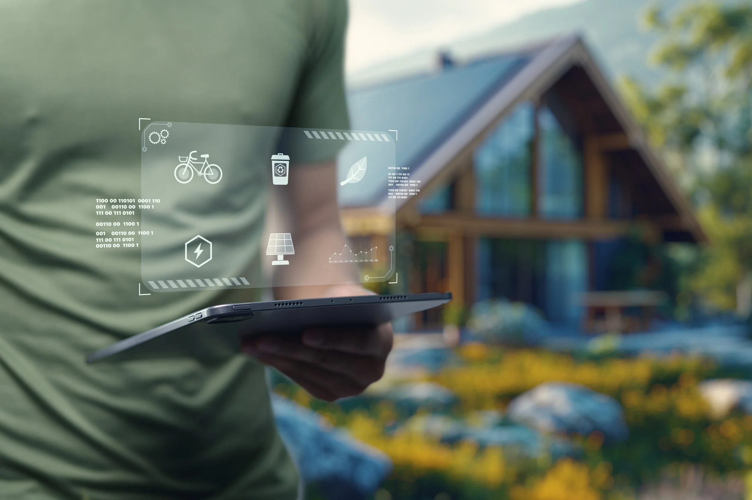 Person holding a tablet displaying icons related to eco-friendly technology, including a bicycle, recycling bin, energy consumption, solar panel, and leaf, in front of a house with large windows and a.background of green trees.