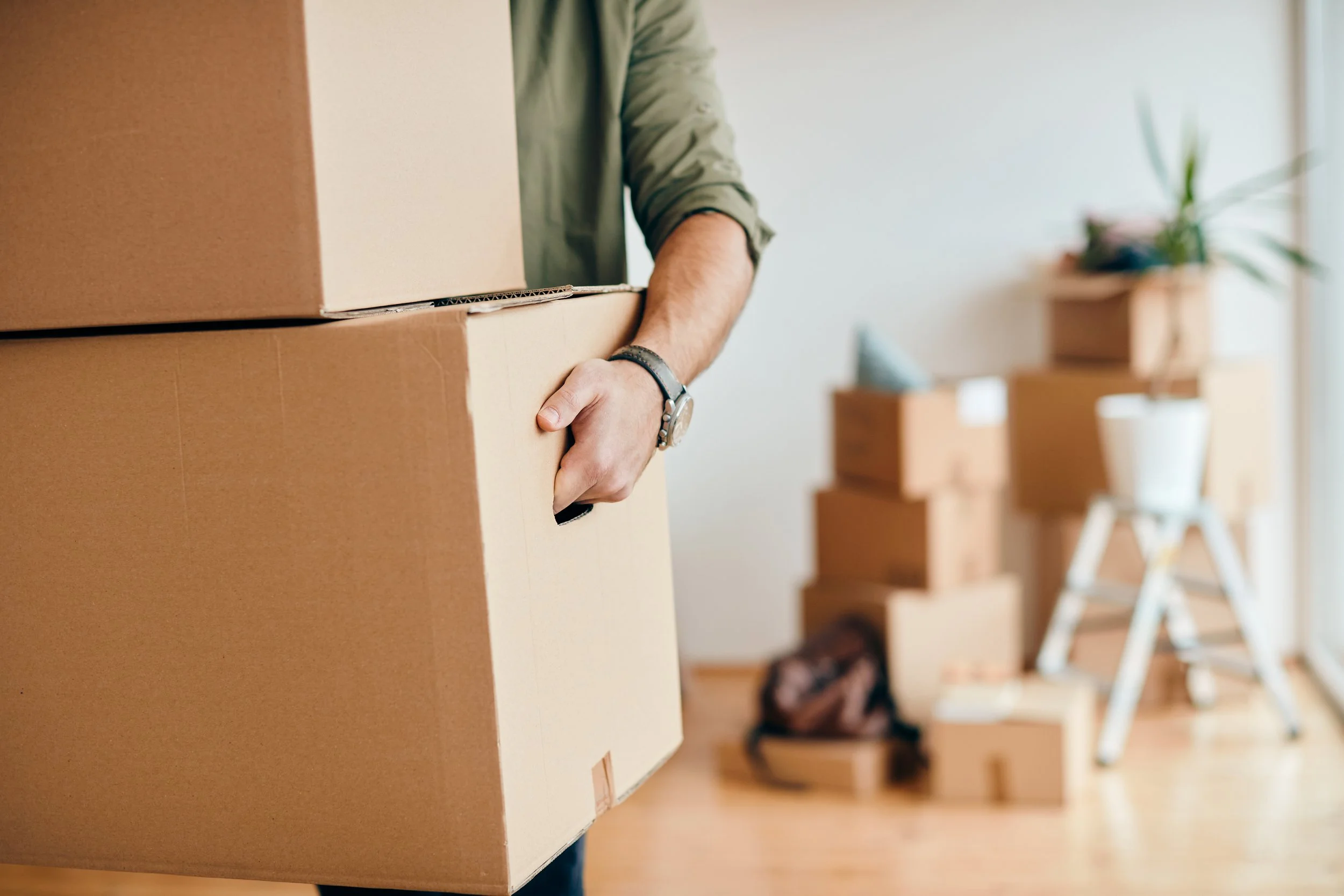 Person moving a cardboard box in a room with other boxes and a plant in the background.